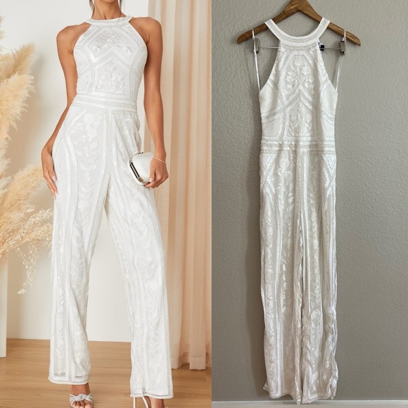 NWOT  Tell Me Everything White Beaded Sequin Wide-Leg Jumpsuit - Picture 1 of 7